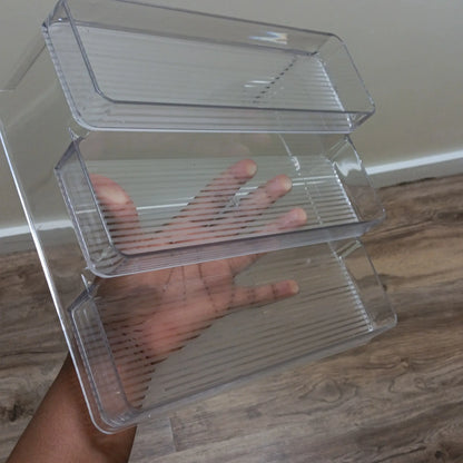 Clear Plastic Storage Tray Set of 3 Stackable Organizers for Kitchen & Bathroom