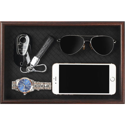 Wooden Valet Tray with Leather Base - Nightstand Catchall Organizer for Cologne, Perfume, , Wallet, Phone, Watch,  & Sunglasses (Black)