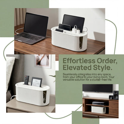 Dustproof Plastic Cable Management Box - Compact Desktop Desk Organizer with Lid, Wire Hider for Cords, Snap-On Slots, Plug Compartment for Indoor Home Office Use