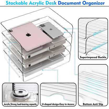 【Back-to-School】4-Pack Space-Saving Acrylic Stackable Desk File Organizer Letter Tray - Paper Organizer Storage for Home Office, Desk Letters, A4 Files, iPads, Books, Notes, Folders