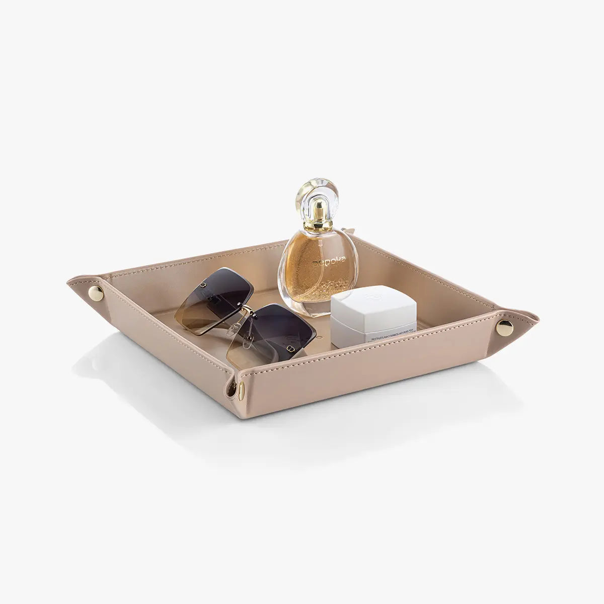 VLANDO Classic Square Wear-Resist PU Leather Valet Tray Catchall - 28.5 x 28.5 cm Collapsible Organizer, Waterproof Fold for Travel Dustproof Box with Adjustable Button-Closure, Desk/Bedside Fit Home Entryway Holder for Keys/Phone