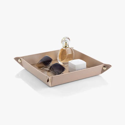 VLANDO Classic Square Wear-Resist PU Leather Valet Tray Catchall - 28.5 x 28.5 cm Collapsible Organizer, Waterproof Fold for Travel Dustproof Box with Adjustable Button-Closure, Desk/Bedside Fit Home Entryway Holder for Keys/Phone