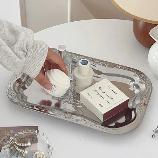 Vintage Relief Desktop Storage Plate, Perfume Cosmetics Organizer Tray, Silver Color Stainless Steel Dish, Home Decor Accessory, Makeup Organizer Box, Home Decor Organiser, Durable Storage Organizer, Cosmetic Organizers