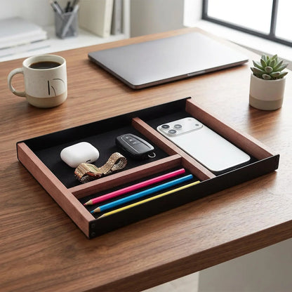 Gaomon Sturdy Frame Multi-Compartment Iron-Paulownia Wood Desk Organizer Tray - 1pc Minimalist Tidy, Desktop Pen Holder, Office Accessory for Home/Office Nightstand, Black & Wood Tone