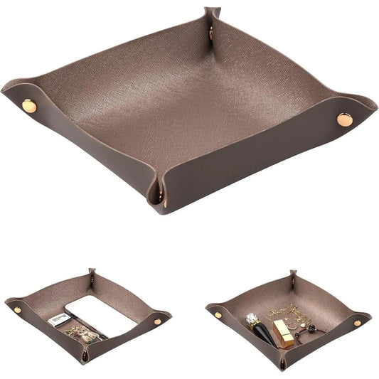 1 Pack PU Leather Tray for Wallet, Portable Décor Key Tray Holder, Night Stand Storage for Bedroom, Bathroom, Living Room, Entryway,  Valet Organizer for Women Men (1, Coffee, Square)
