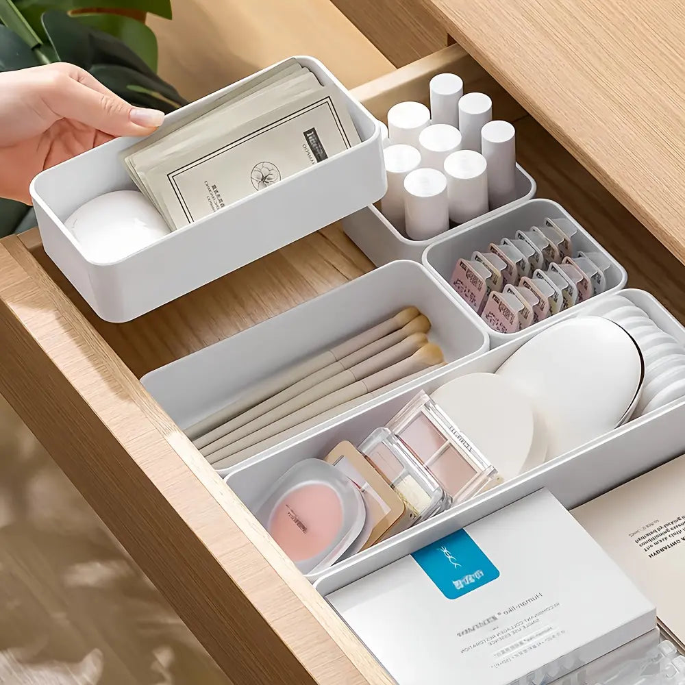 SANNAX 7-Pack Collapsible Modular Drawer Organizer Trays, White Plastic Dividers with Multi-Size Free Combination, Home Organizing Set for Kitchen, Makeup Vanity Storage
