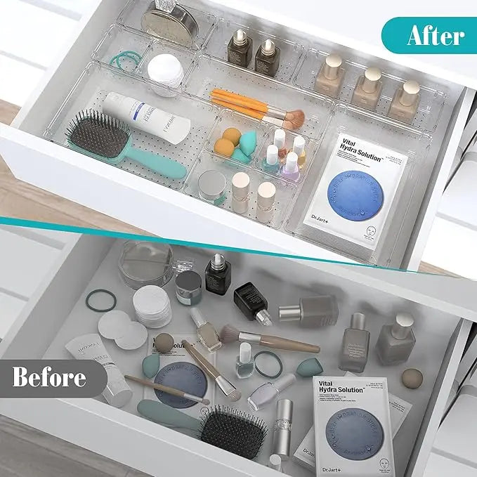 Clear Plastic Drawer Organizers Set - 28 PCS Trays for Makeup, Jewelry, Kitchen Utensils, Gadgets & Office Accessories in Boxes Cabinet Transparent Multicolor