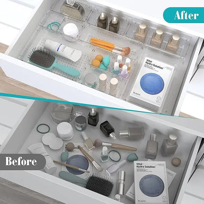 Clear Plastic Drawer Organizers Set - 28 PCS Trays for Makeup, Jewelry, Kitchen Utensils, Gadgets & Office Accessories in Boxes Cabinet Transparent Multicolor