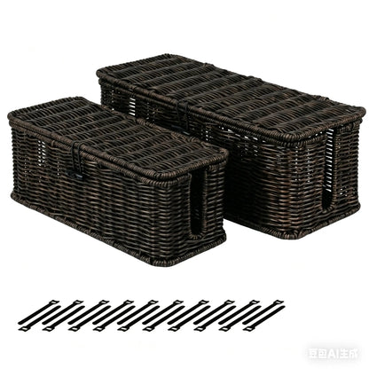 BROWNLILY Handwoven Rattan Rectangle Cable Management Box with Lockable Dustproof Lid - Desk Accessories for French Country Wire Concealment, Power Strip Hider That Reduces Dust Buildup, Home Office Under Desk Storage Bin
