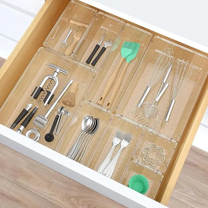 Clear Plastic Drawer Organizers Set - 28 PCS Trays for Makeup, Jewelry, Kitchen Utensils, Gadgets & Office Accessories in Boxes Cabinet Transparent Multicolor
