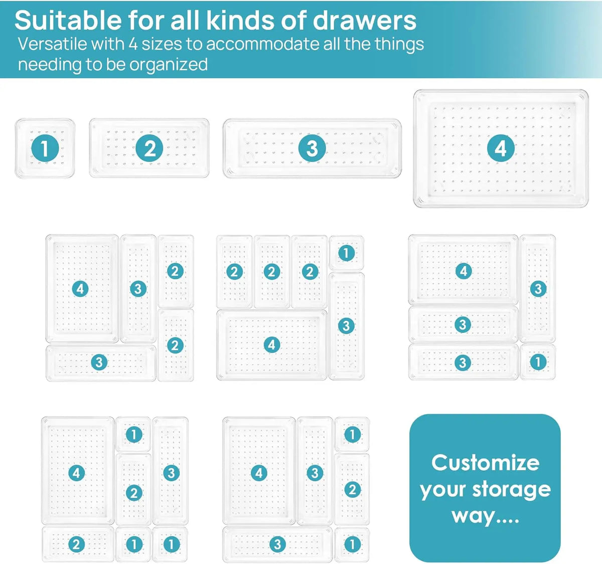 Durable 25 PCS Clear Plastic Drawer Organizers Set, 4-Size Versatile Silicone Bathroom Boxes and Vanity Trays, Storage Bins For Makeup, Kitchen, Cabinet Organizer, Dresser Drawer Organizers