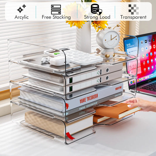 【Back-to-School】4-Pack Space-Saving Acrylic Stackable Desk File Organizer Letter Tray - Paper Organizer Storage for Home Office, Desk Letters, A4 Files, iPads, Books, Notes, Folders