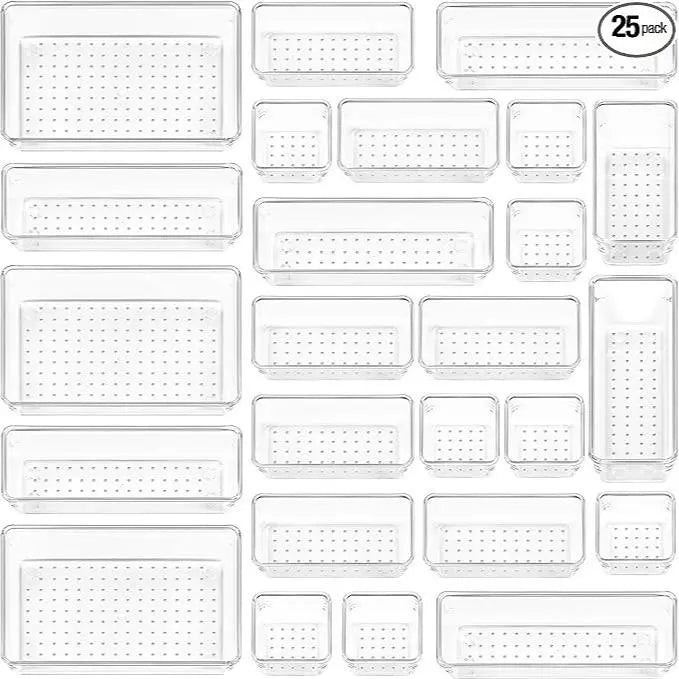 Durable 25 PCS Clear Plastic Drawer Organizers Set, 4-Size Versatile Silicone Bathroom Boxes and Vanity Trays, Storage Bins For Makeup, Kitchen, Cabinet Organizer, Dresser Drawer Organizers