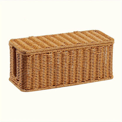 Hand-Woven Rattan Cable Organizer Box, Durable PE Material, Rustic Ethnic Style with Lid, Multifunctional Organizer, Home Organizers, Multi-Compartment Storage for Power Cords, Data Cables, Chargers, Cable Management Box