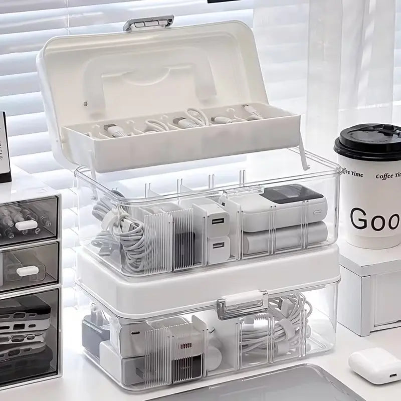 2pc Data Cable Organizer Box, Large Capacity Compact Desktop Storage, Detachable Compartments, Durable, Ideal for Chargers, Cables, Power Banks