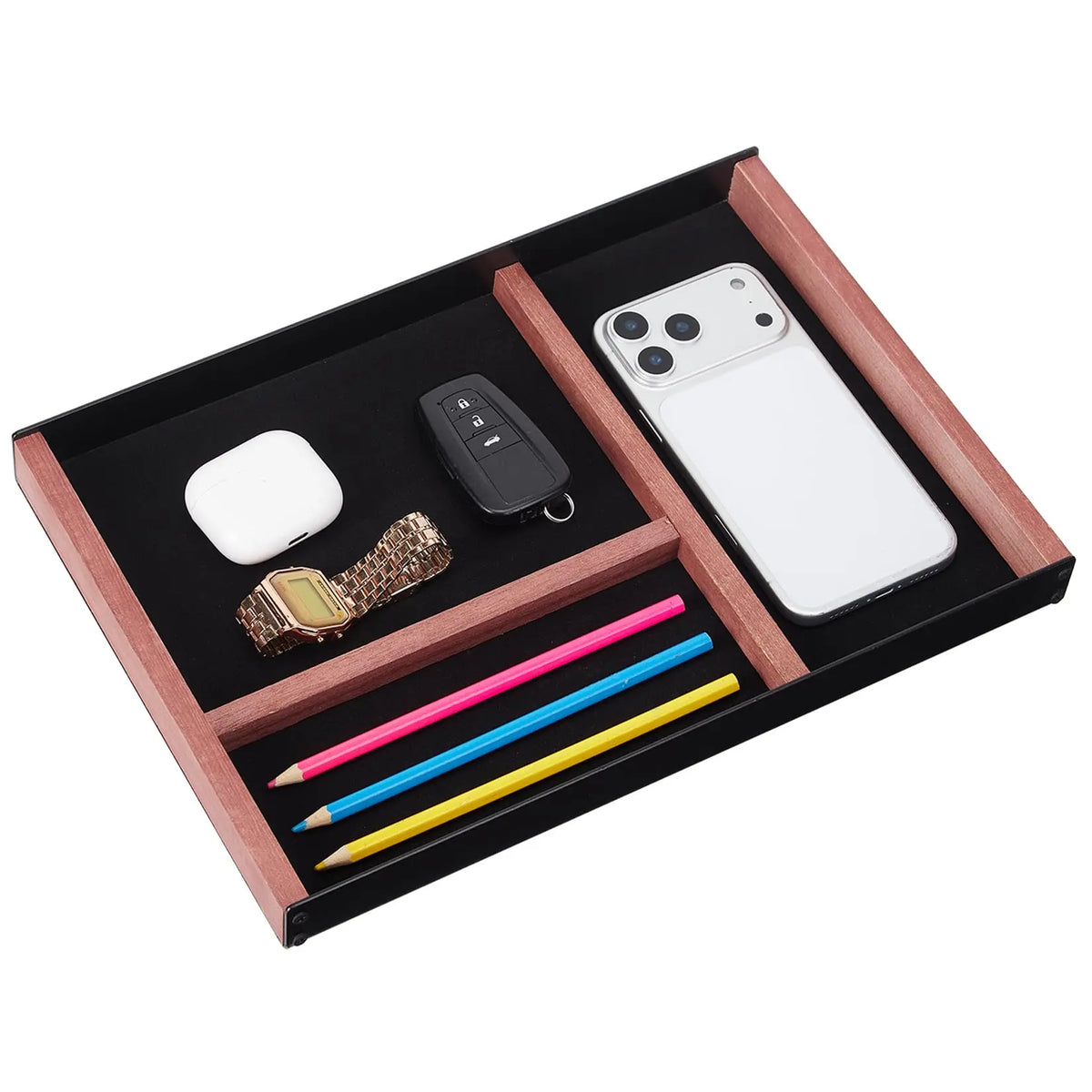 Gaomon Sturdy Frame Multi-Compartment Iron-Paulownia Wood Desk Organizer Tray - 1pc Minimalist Tidy, Desktop Pen Holder, Office Accessory for Home/Office Nightstand, Black & Wood Tone