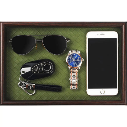 Wooden Valet Tray with Leather Base - Nightstand Catchall Organizer for Cologne, Perfume, , Wallet, Phone, Watch,  & Sunglasses (Black)