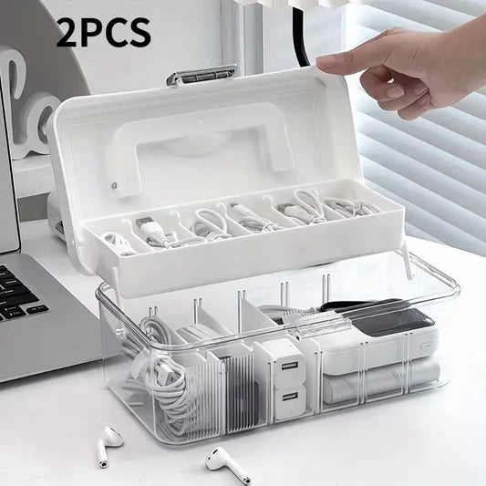 2pc Data Cable Organizer Box, Large Capacity Compact Desktop Storage, Detachable Compartments, Durable, Ideal for Chargers, Cables, Power Banks