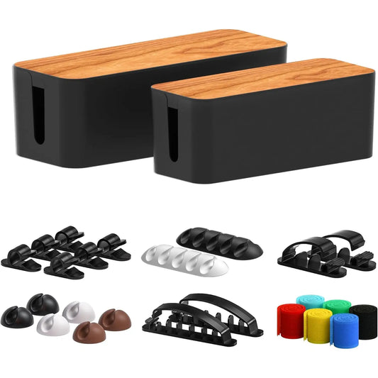 2 Pack Cable Management Box with 16 Cable Clips,Wooden Style Cable Organizer Box Set,Ideal for Hide Wires&Power Strips,Cable Organizer for Home,Office,Halloween Christmas Party Gifts,Hand Tools Kits