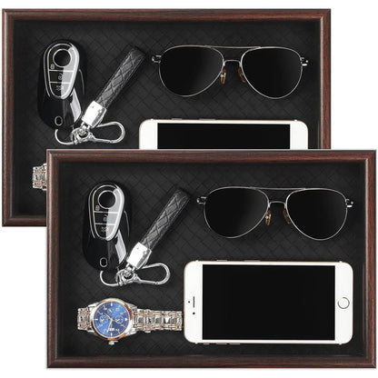 Wooden Valet Tray with Leather Base - Nightstand Catchall Organizer for Cologne, Perfume, , Wallet, Phone, Watch,  & Sunglasses (Black)