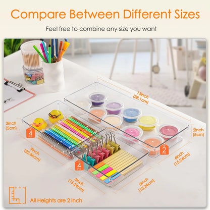 SANNAX Organizer Storage Tray Set - 10-Pack Large Plastic Drawer Divider Storage Boxes, 3 Sizes for Bathroom Vanity, Makeup Organizer, Kitchen Utensils
