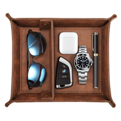 Brown 2-Compartment 2-Layer Valet Tray Desk Organizer - Office Stationery Supply, OCD-Friendly Multi-Purpose Accessory, Chic Decor Christmas Gift Idea for Home & Office, Two Layers