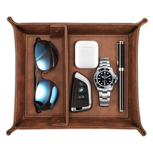 Brown 2-Compartment 2-Layer Valet Tray Desk Organizer - Office Stationery Supply, OCD-Friendly Multi-Purpose Accessory, Chic Decor Christmas Gift Idea for Home & Office, Two Layers