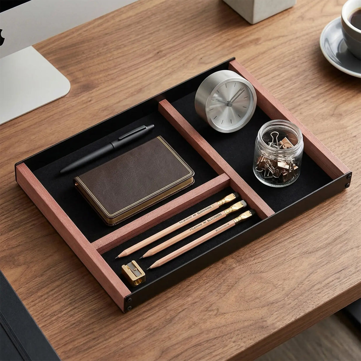 Minimalist Iron-Wood Velvet Rectangular 3-Compartment Storage Tray Organiser - Compartment Box for Desk, Dining Table, Ideal Home & Bathroom Supplies Gift