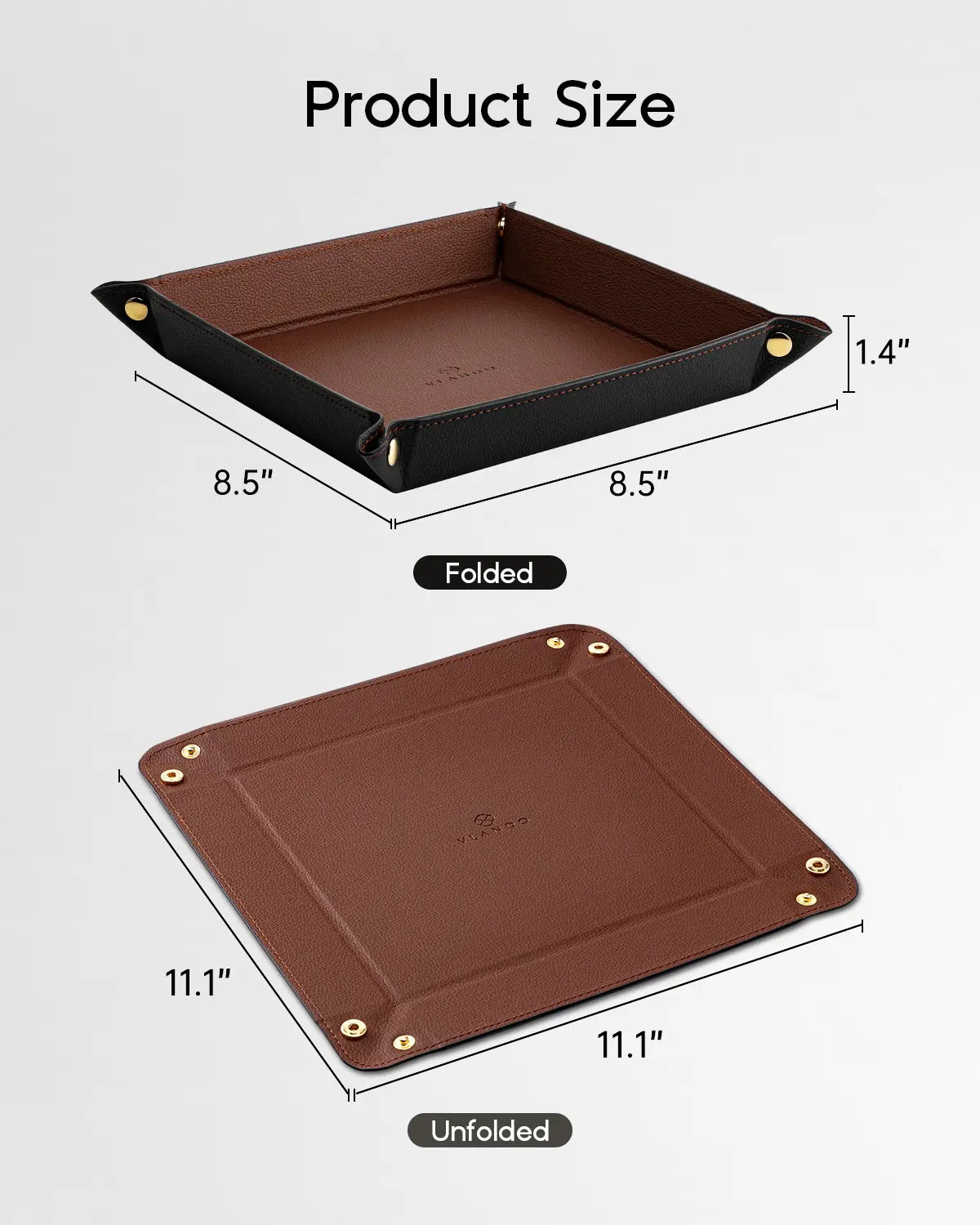 VLANDO Classic Square Wear-Resist PU Leather Valet Tray Catchall - 28.5 x 28.5 cm Collapsible Organizer, Waterproof Fold for Travel Dustproof Box with Adjustable Button-Closure, Desk/Bedside Fit Home Entryway Holder for Keys/Phone