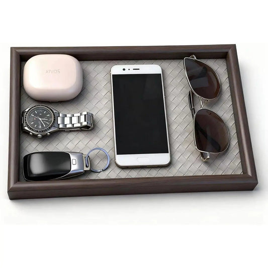 Wooden Valet Tray with Leather Base - Nightstand Catchall Organizer for Cologne, Perfume, , Wallet, Phone, Watch,  & Sunglasses (Black)