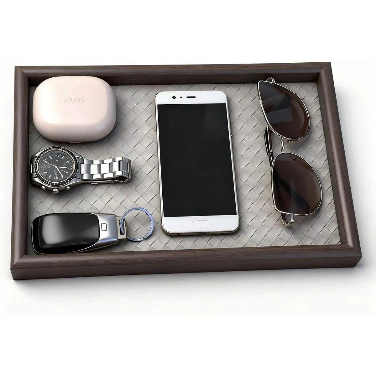 Wooden Valet Tray with Leather Base - Nightstand Catchall Organizer for Cologne, Perfume, , Wallet, Phone, Watch,  & Sunglasses (Black)
