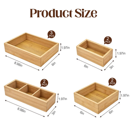 TidyArc 9-Piece Bamboo Drawer Organizer Set – Multi-Use Storage Trays for Kitchen, Bathroom, Office, Makeup, Jewelry & More – Junk Drawer Tray, Utensil Holder, Storage Box & Bin Set (9 Boxes)