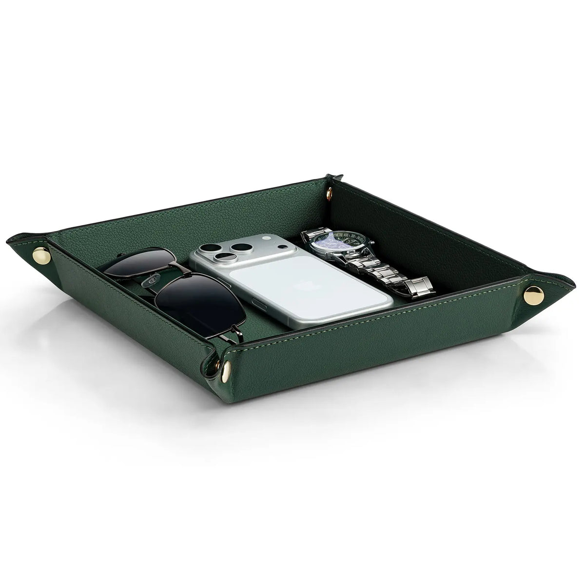 VLANDO Classic Square Wear-Resist PU Leather Valet Tray Catchall - 28.5 x 28.5 cm Collapsible Organizer, Waterproof Fold for Travel Dustproof Box with Adjustable Button-Closure, Desk/Bedside Fit Home Entryway Holder for Keys/Phone