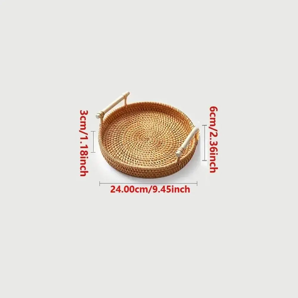 Round Rattan Storage Tray, 1/3 Pack Boho Style Tea Tray with Handle, Fruit Plate, Bread Snack Bohemian Basket, Home Organizer, House Organizers for Kitchen, Dining Room Decor