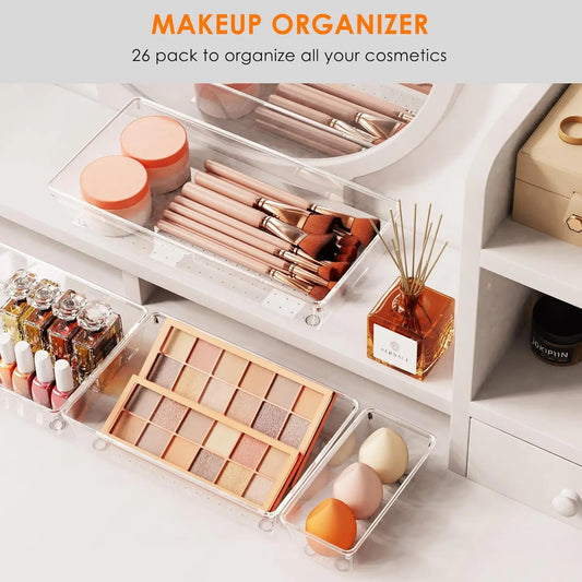Durable 25 PCS Clear Plastic Drawer Organizers Set, 4-Size Versatile Silicone Bathroom Boxes and Vanity Trays, Storage Bins For Makeup, Kitchen, Cabinet Organizer, Dresser Drawer Organizers